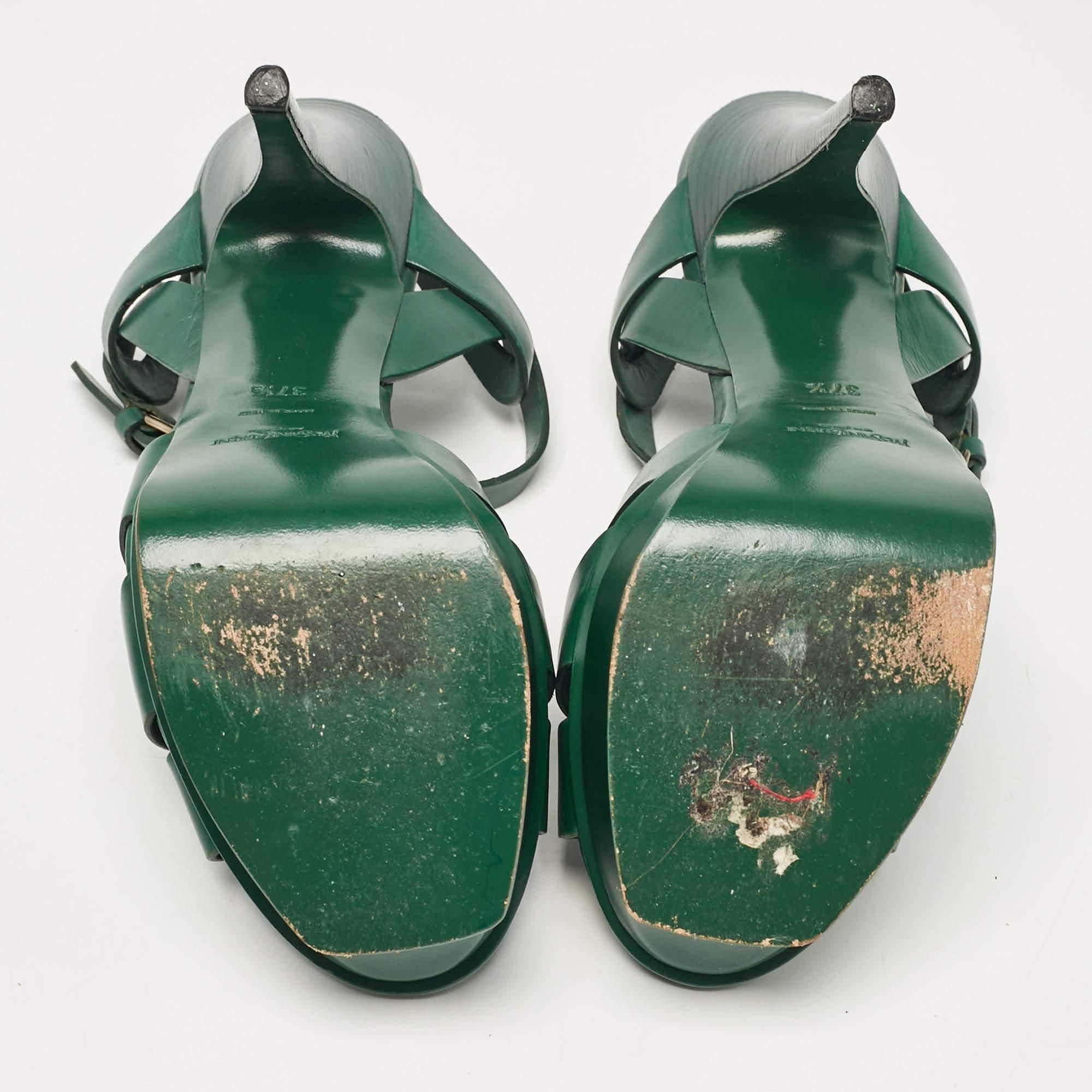 Saint Laurent Green Leather Tribute Platform Sandals Size 37.5 1