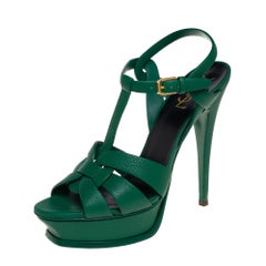 Saint Laurent Green Leather Tribute Platform Sandals Size 39
