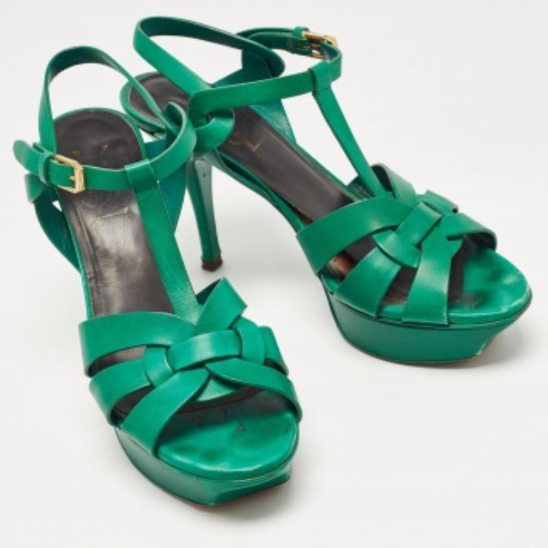 Saint Laurent Tribute-Sandalen aus grünem Leder Größe 38 im Angebot 2