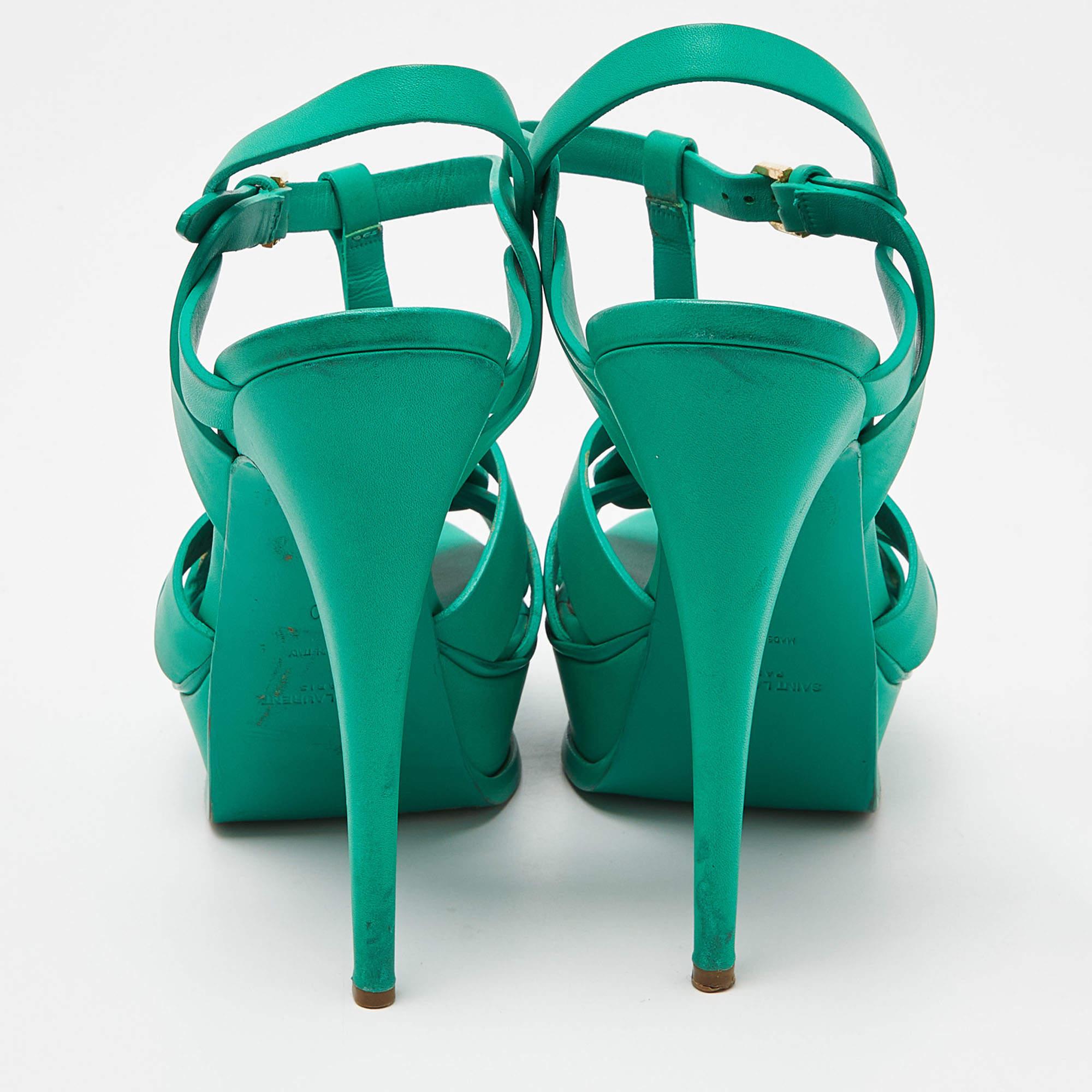 Saint Laurent Green Leather Tribute Sandals Size 40 For Sale 1