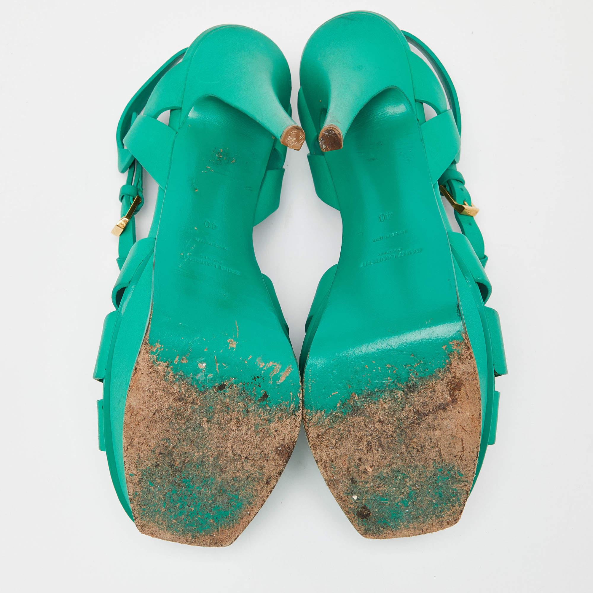 Saint Laurent Green Leather Tribute Sandals Size 40 For Sale 2