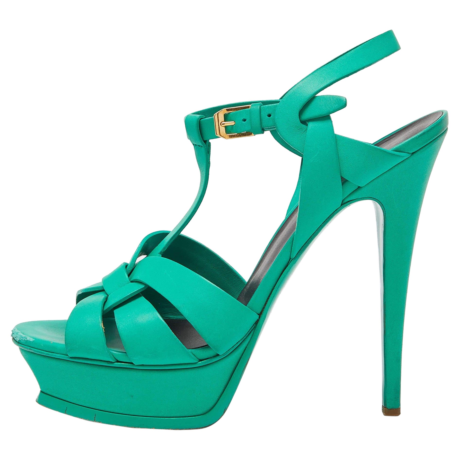 Saint Laurent Green Leather Tribute Sandals Size 40