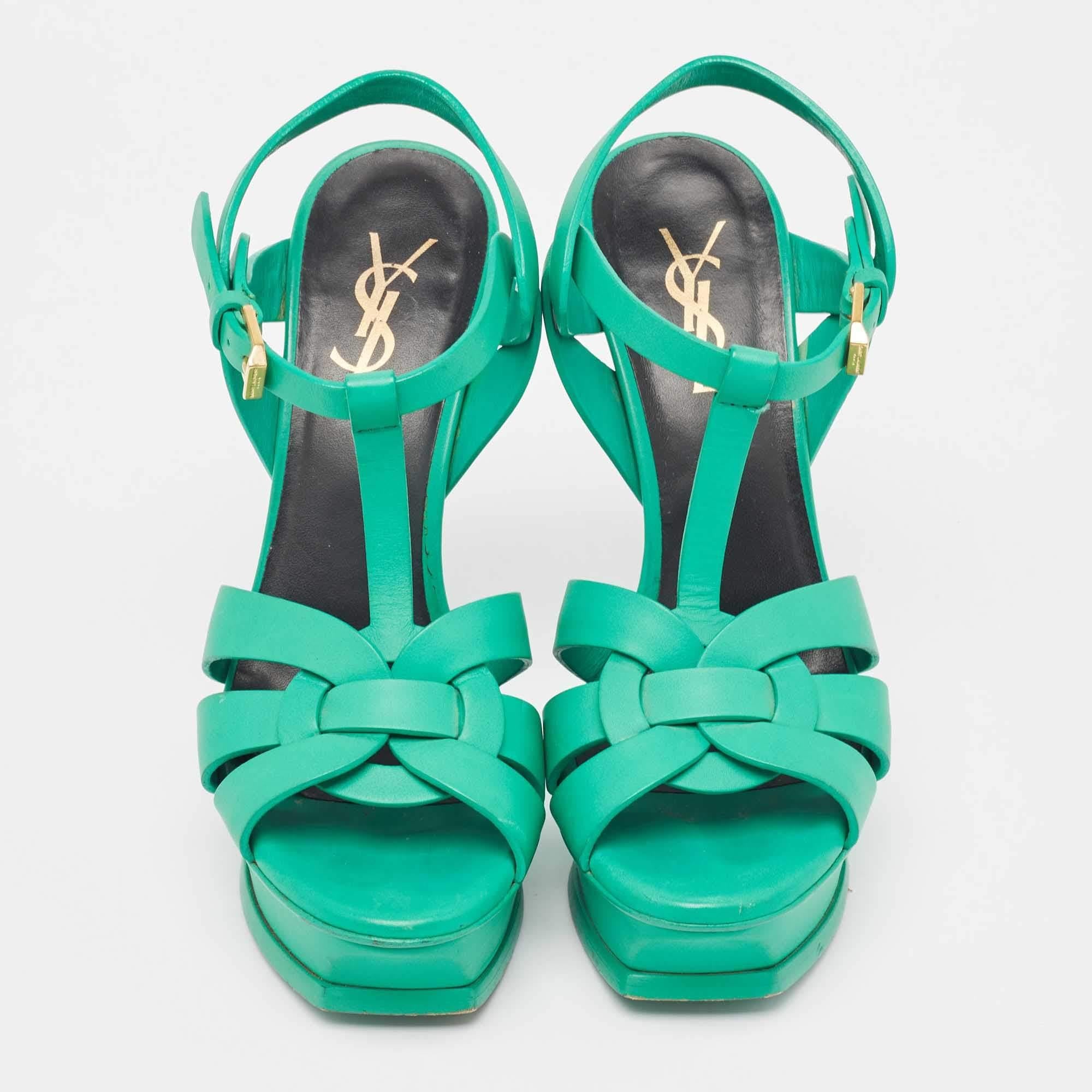 Saint Laurent Green LeatherTribute Ankle Strap Sandals Size 36.5 In Good Condition In Dubai, Al Qouz 2