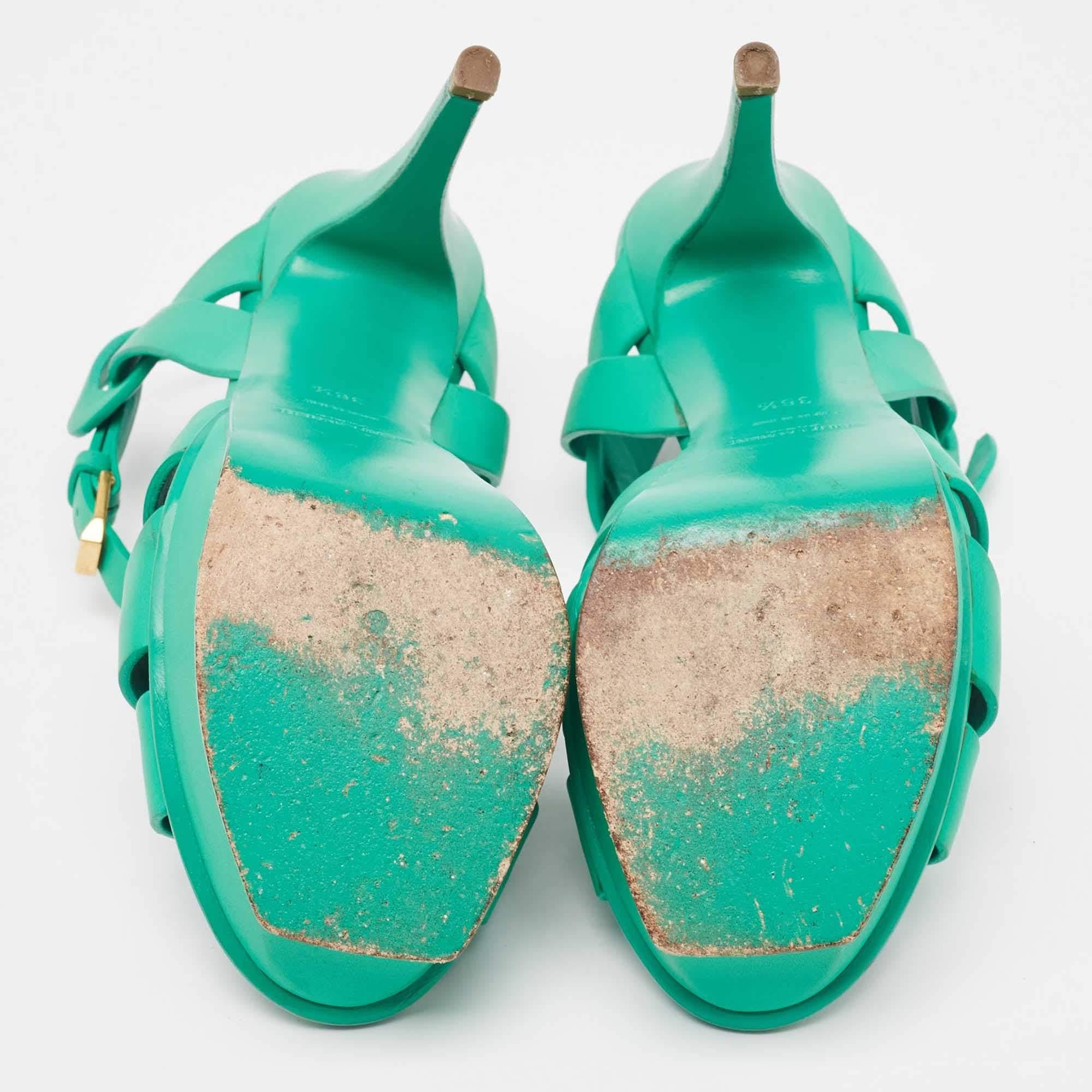 Saint Laurent Green LeatherTribute Ankle Strap Sandals Size 36.5 2