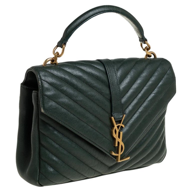 Saint Laurent Green Matelassé Leather Medium College Top Handle Bag at ...