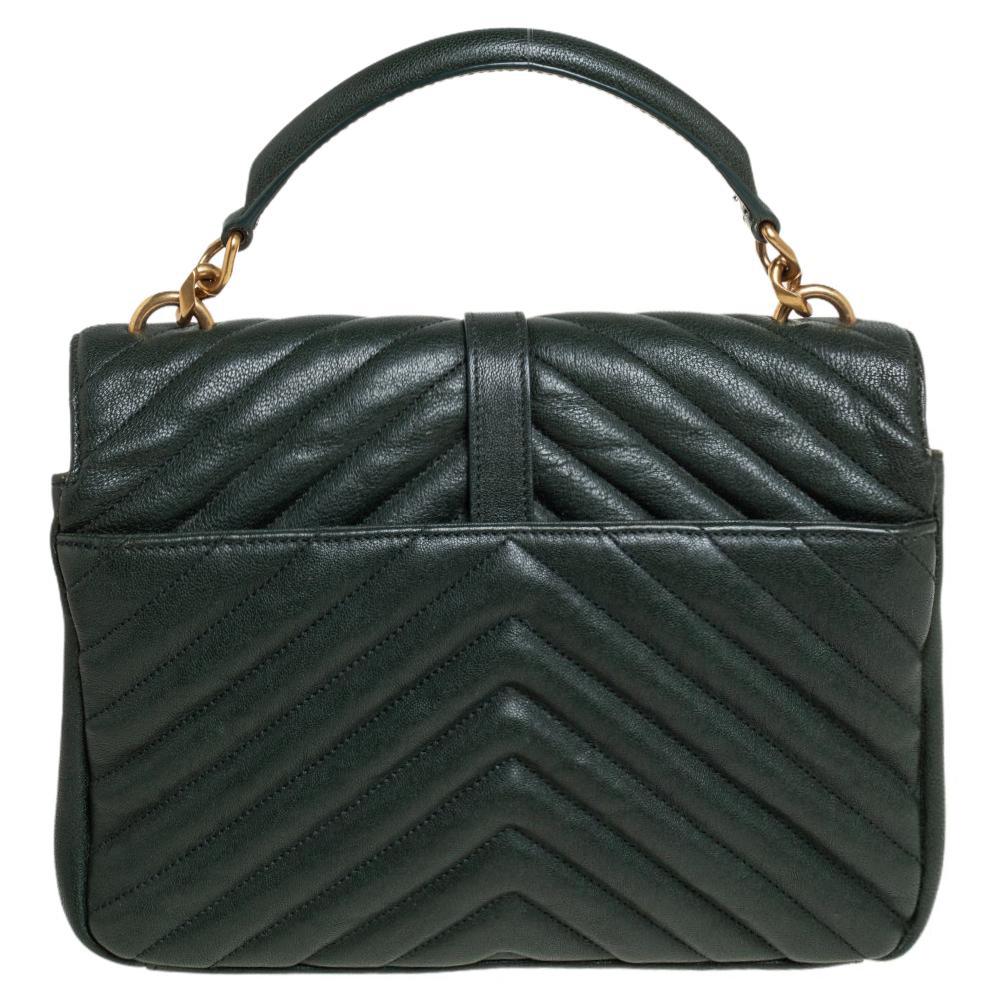 Saint Laurent Green Matelassé Leather Medium College Top Handle Bag In Good Condition In Dubai, Al Qouz 2