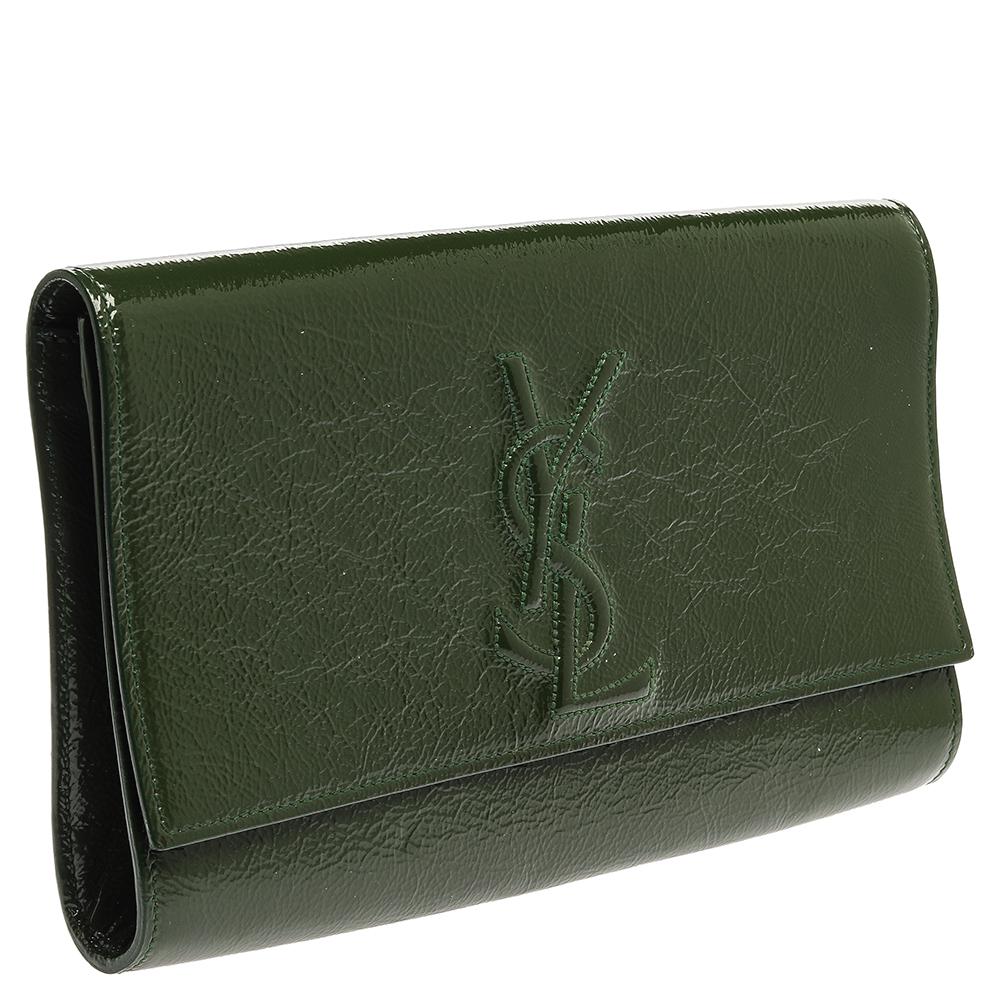 Saint Laurent Green Patent Leather Belle De Jour Flap Clutch In Fair Condition In Dubai, Al Qouz 2