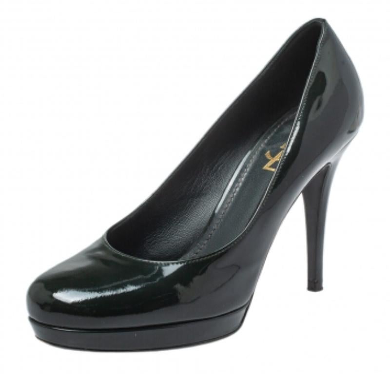 Black Saint Laurent Green Patent Leather Pumps Size 38.5 For Sale