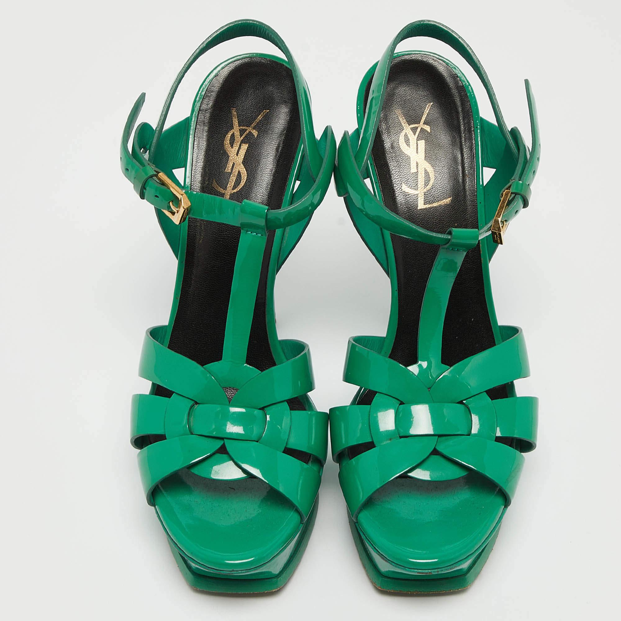 Saint Laurent Green Patent Tribute Ankle Strap Sandals Size 38 In Good Condition In Dubai, Al Qouz 2