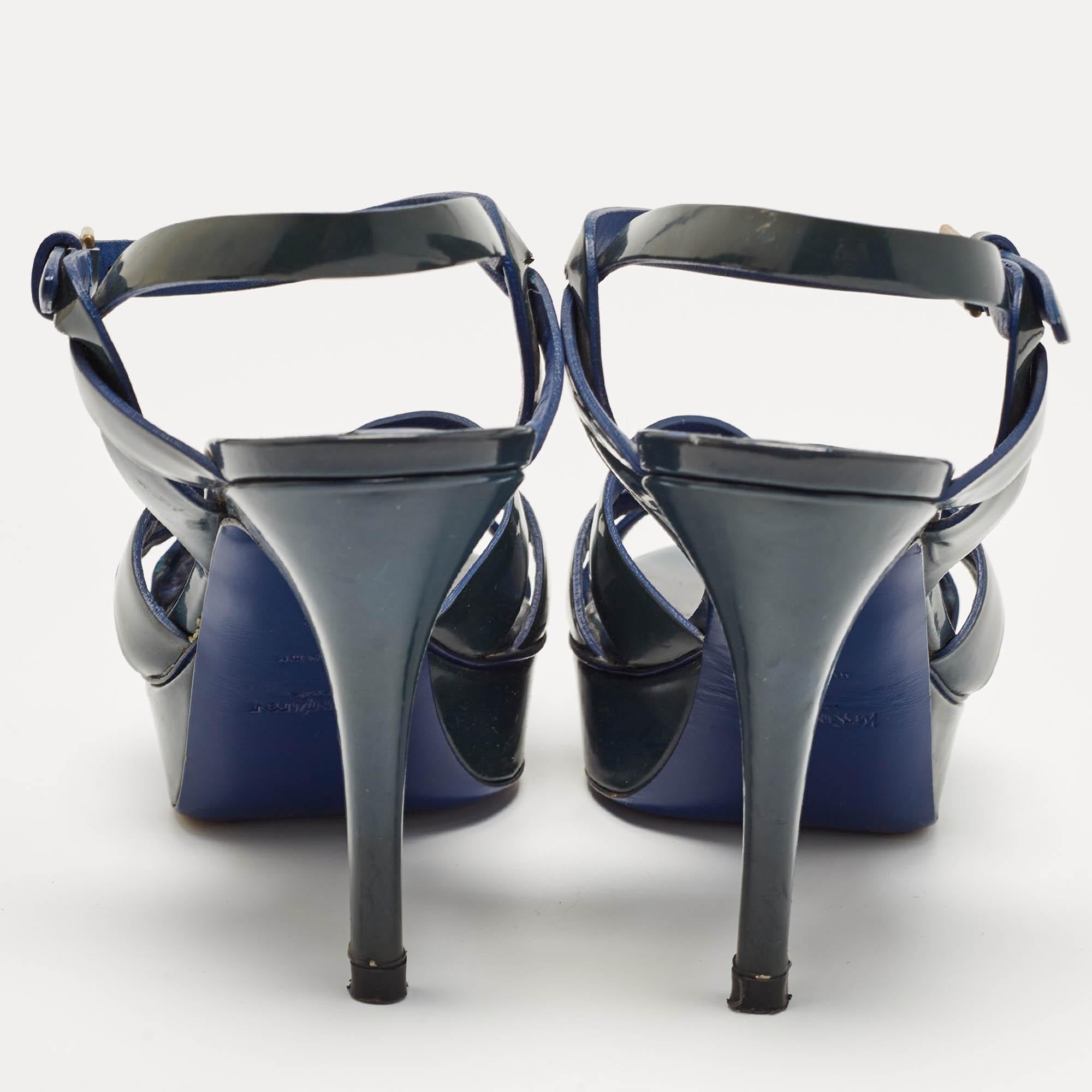 Saint Laurent Green Patent Tribute Sandals Size 38 In Fair Condition For Sale In Dubai, Al Qouz 2