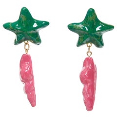 SAINT LAURENT stella verde rosa conchiglia smaltata resina oro ottone orecchino a clip Coppia