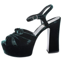 Saint Laurent Green Velvet Candy Bow Platform Sandals Size 39