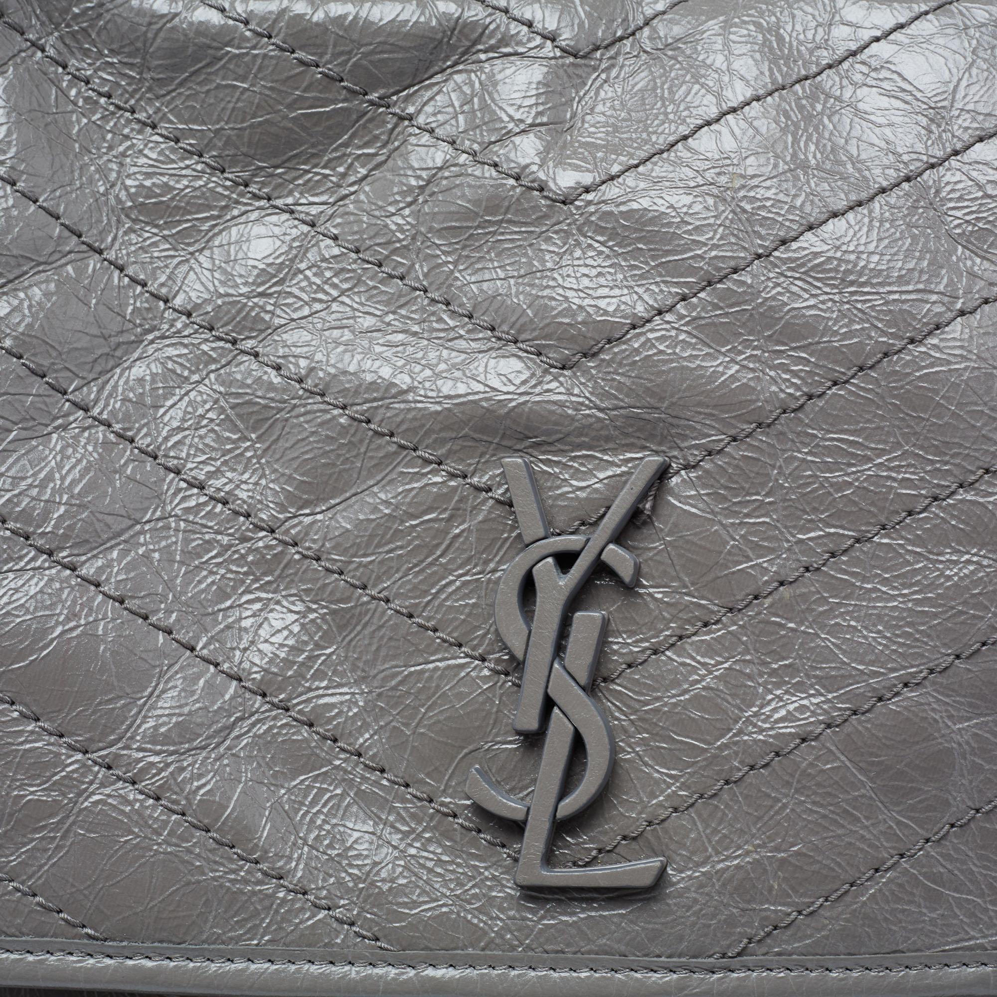 Saint Laurent Grey Aged Crinkled Leather Large Niki Shoulder Bag 1
