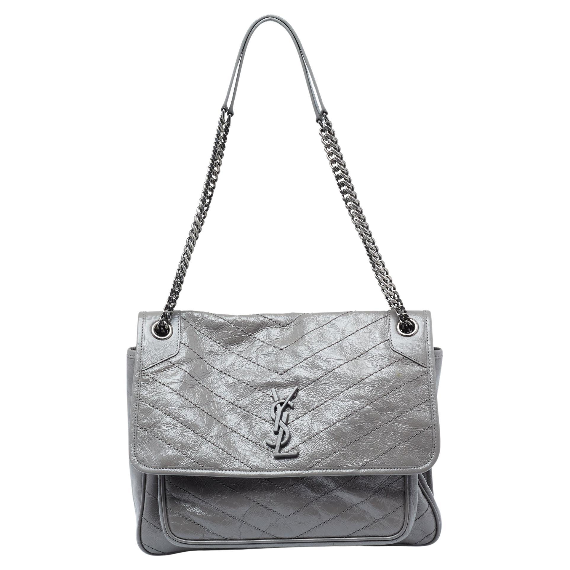 Saint Laurent Grey Aged Crinkled Leather Large Niki Shoulder Bag