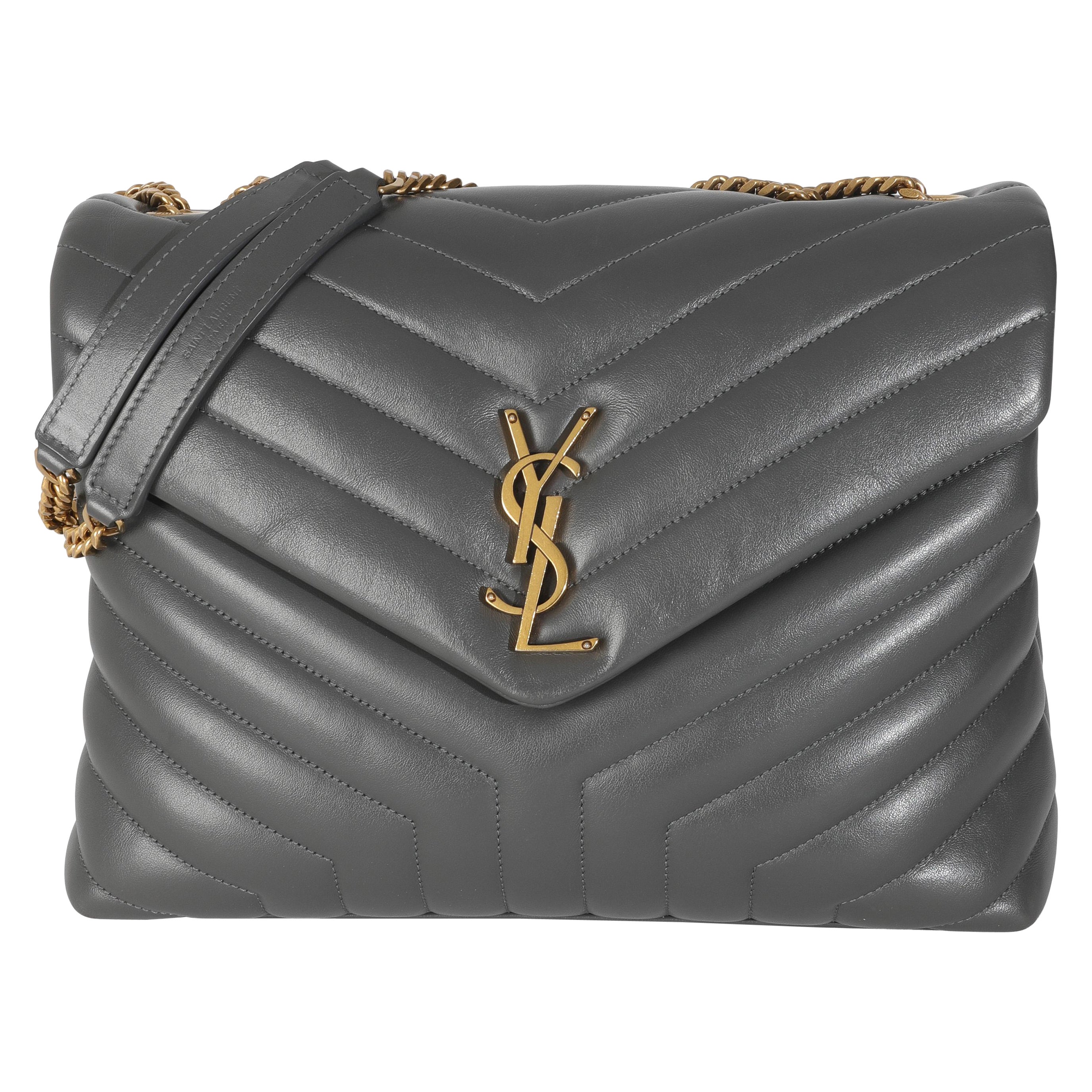 Saint Laurent Borsa media trapuntata in pelle di vitello grigia con catena Loulou