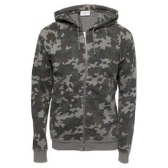 Saint Laurent Felpa con cappuccio in cotone grigio con stampa mimetica e effetto invecchiato XL