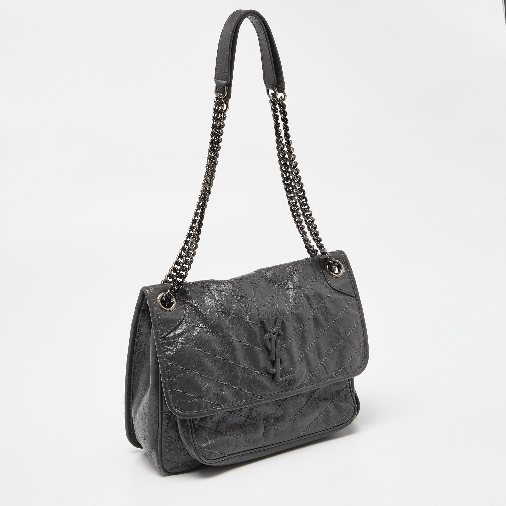 Saint Laurent Grey Crinkled Leather Medium Niki Shoulder Bag 7