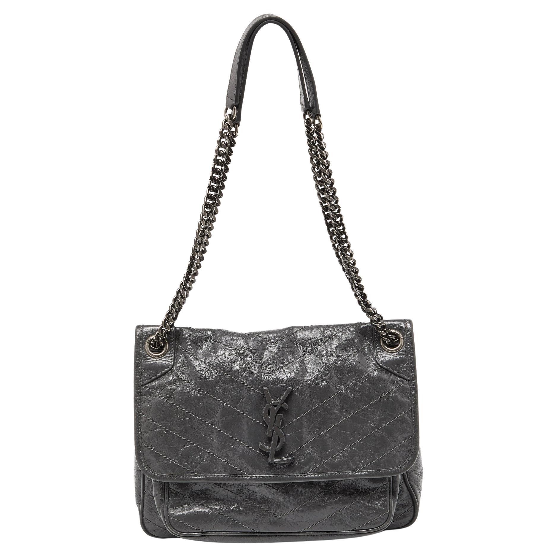 Saint Laurent Grey Crinkled Leather Medium Niki Shoulder Bag
