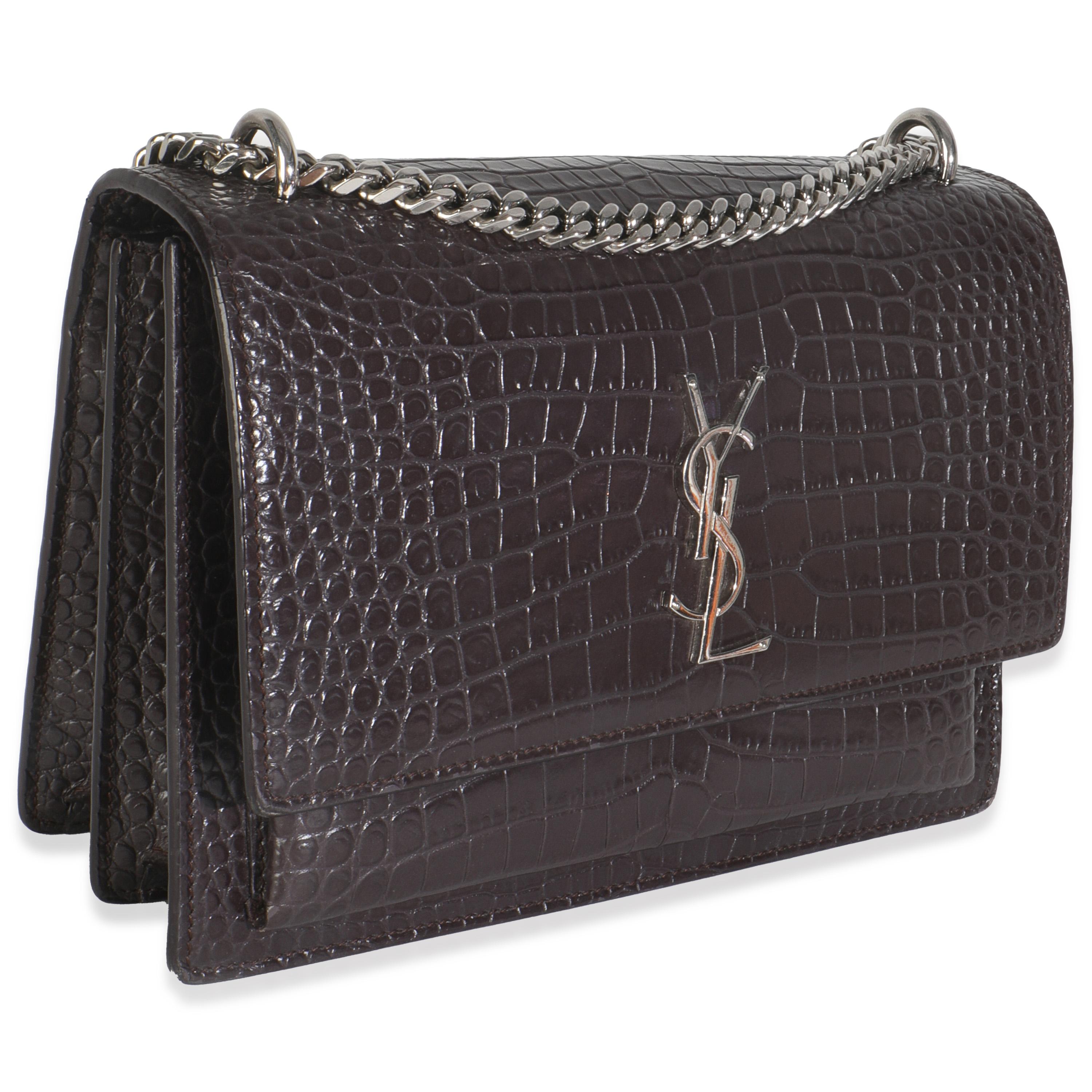 Noir Saint Laurent Grey Croc Embossed Calfskin Medium Monogram Sunset Bag