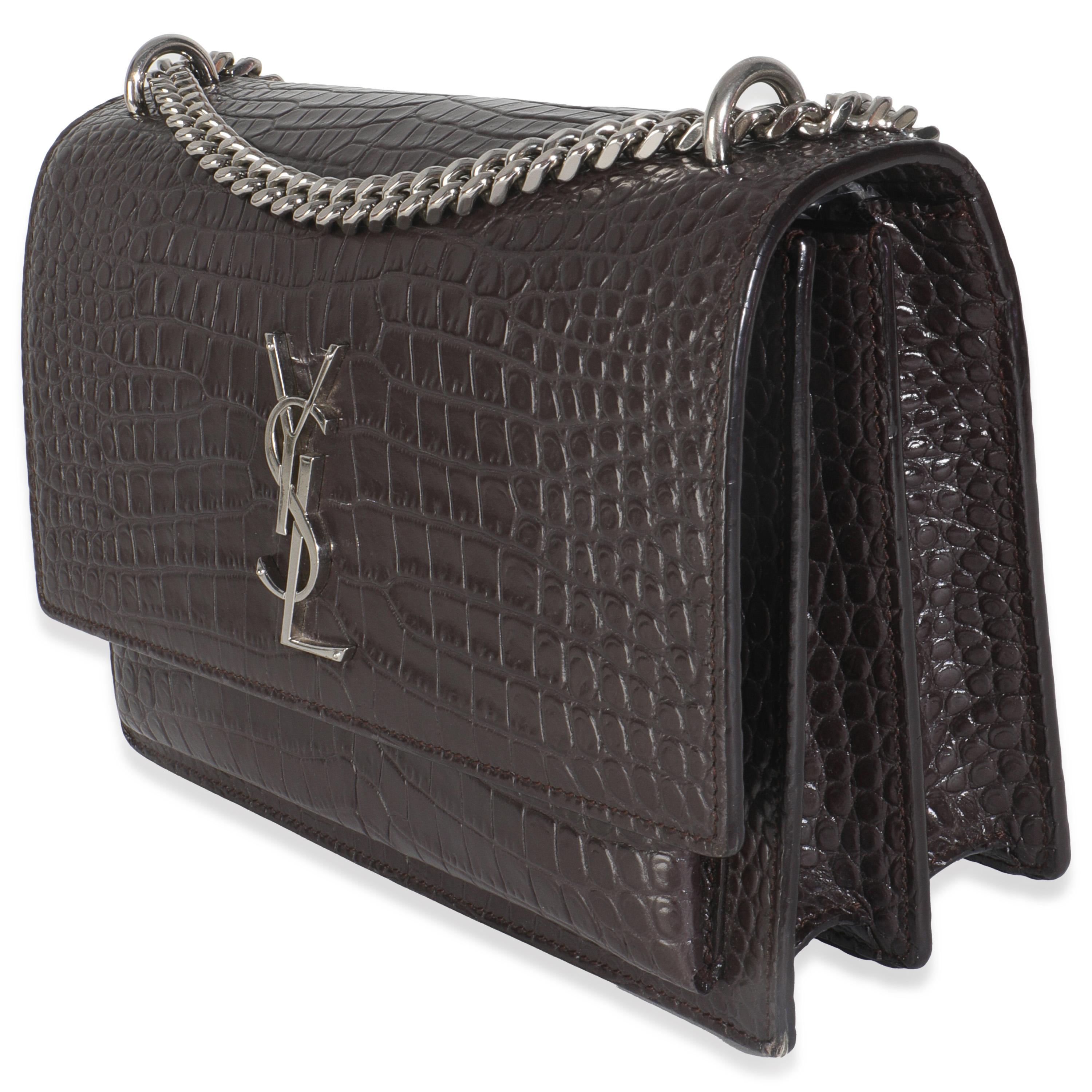 Saint Laurent Grey Croc Embossed Calfskin Medium Monogram Sunset Bag Bon état à New York, NY