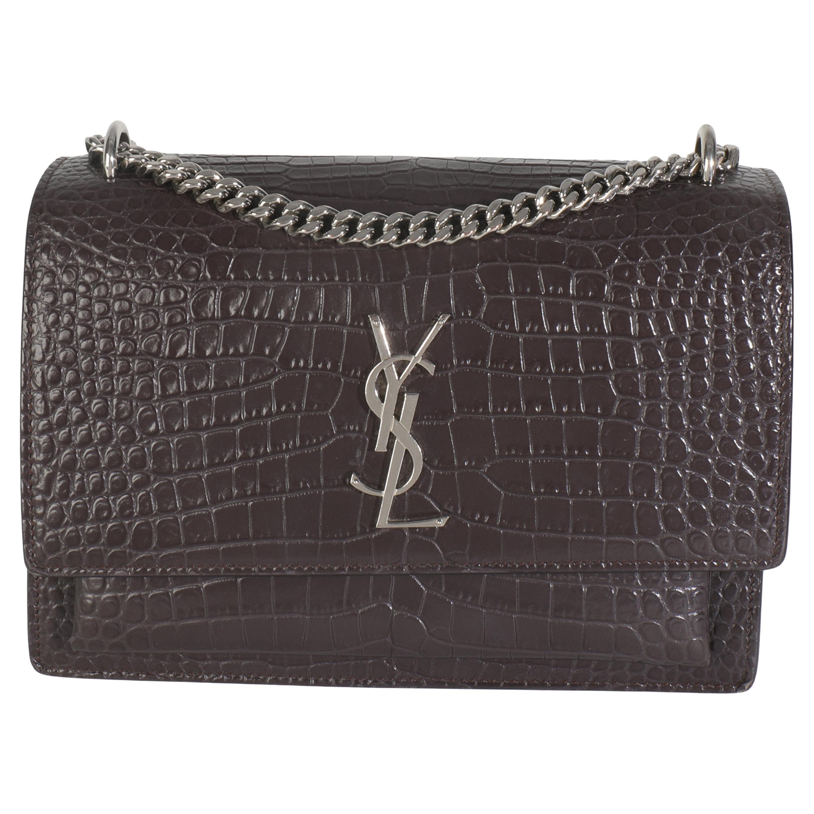Saint Laurent Grey Croc Embossed Calfskin Medium Monogram Sunset Bag