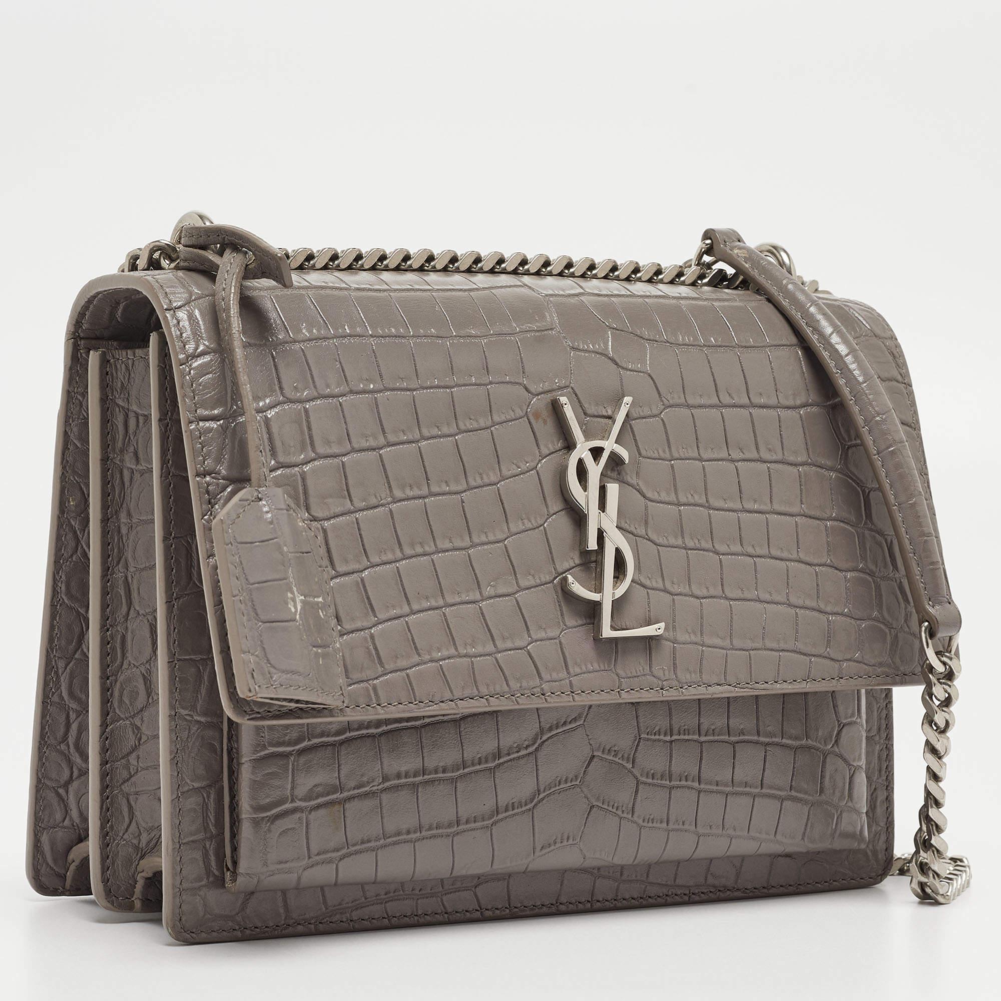 Women's Saint Laurent Grey Croc Embossed Leather Medium Sunset Bag