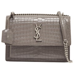 Saint Laurent Grey Croc Embossed Leather Medium Sunset Bag