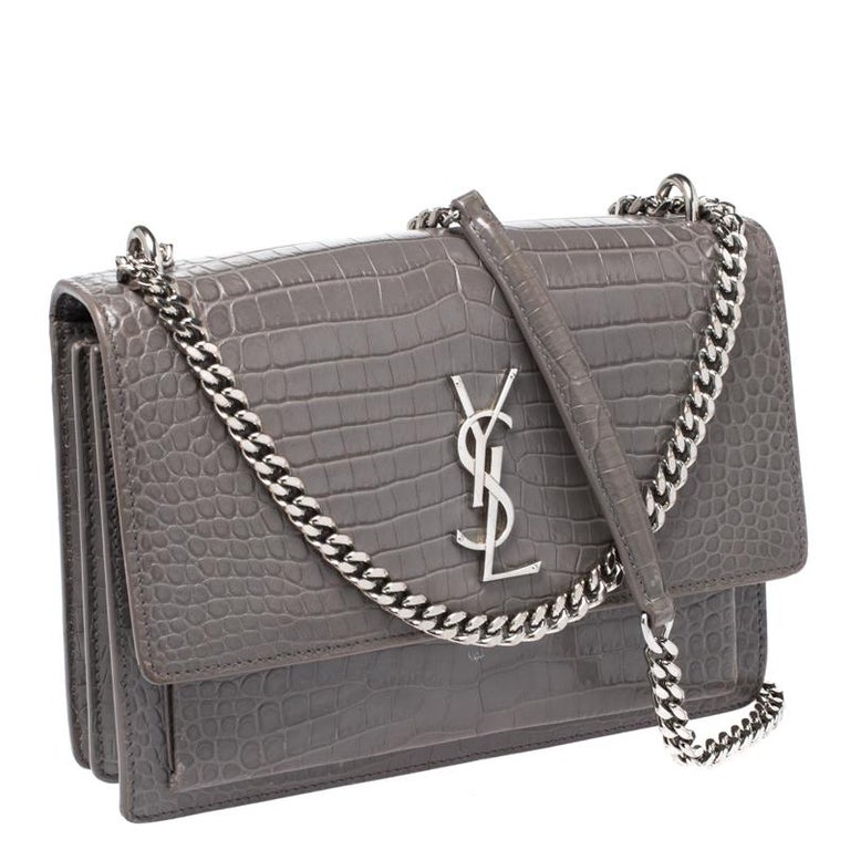 Saint Laurent Grey Croc Embossed Leather Medium Sunset Shoulder Bag For
