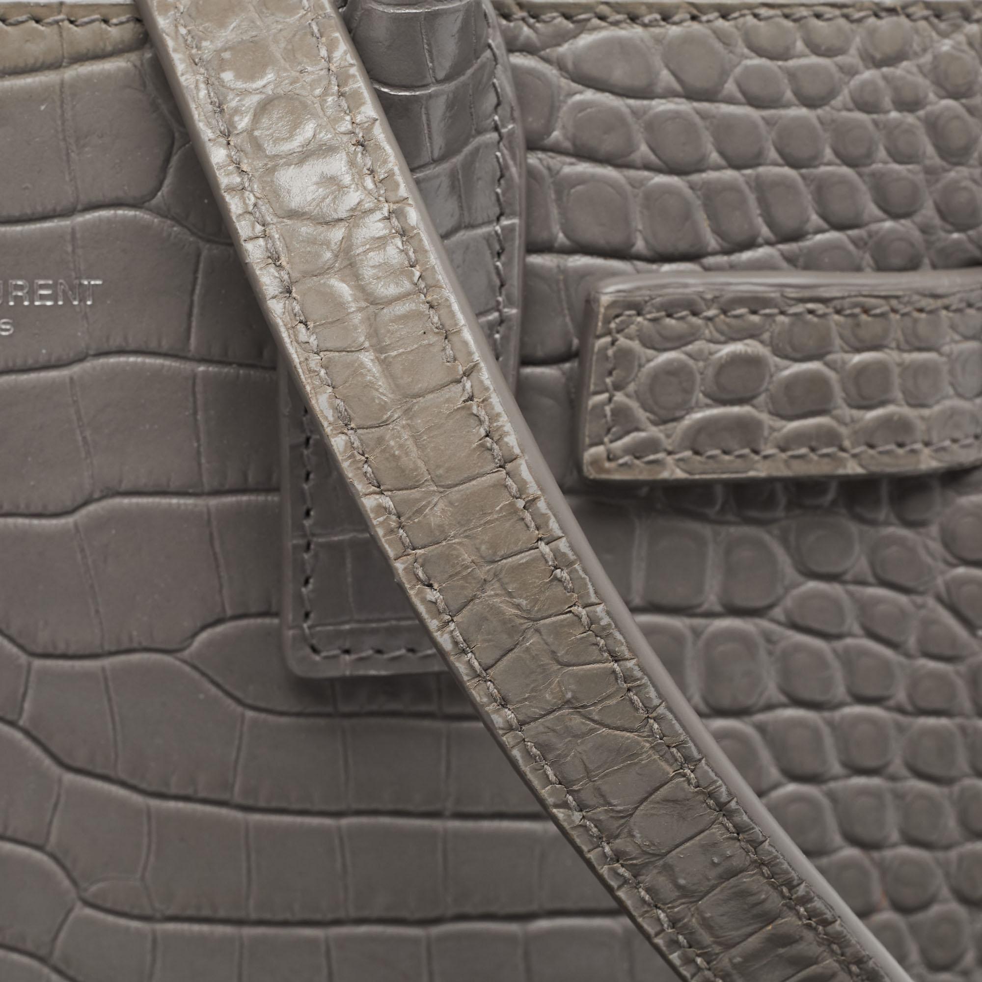 Saint Laurent Grey Croc Embossed Leather Nano Classic Sac De Jour Tote For Sale 11