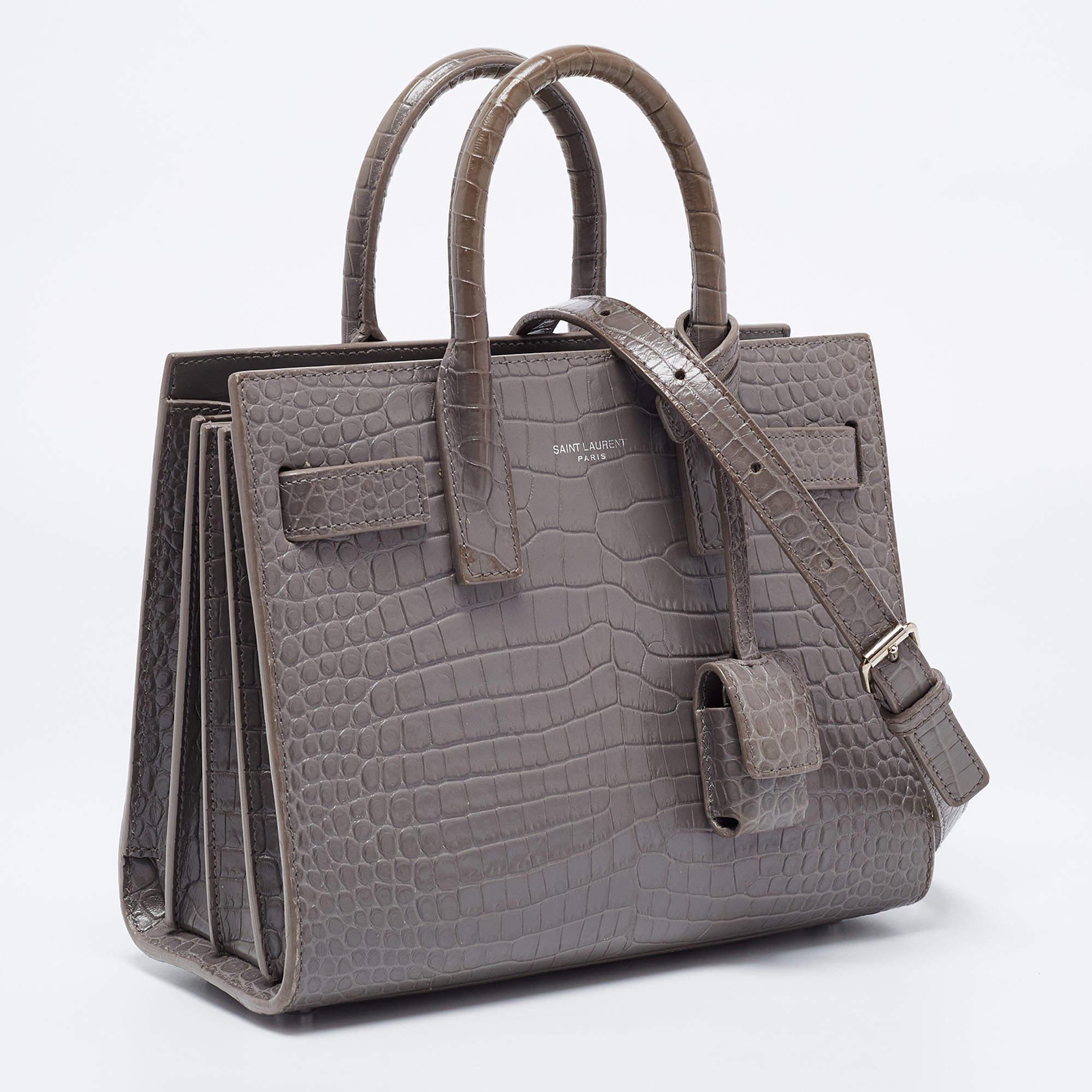 Women's Saint Laurent Grey Croc Embossed Leather Nano Classic Sac De Jour Tote