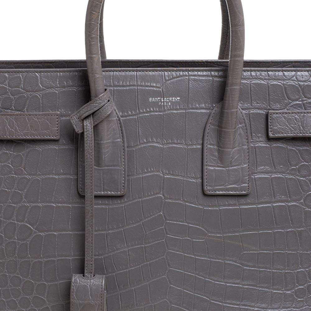 Saint Laurent Grey Croc Embossed Leather Small Classic Sac De Jour Tote 1