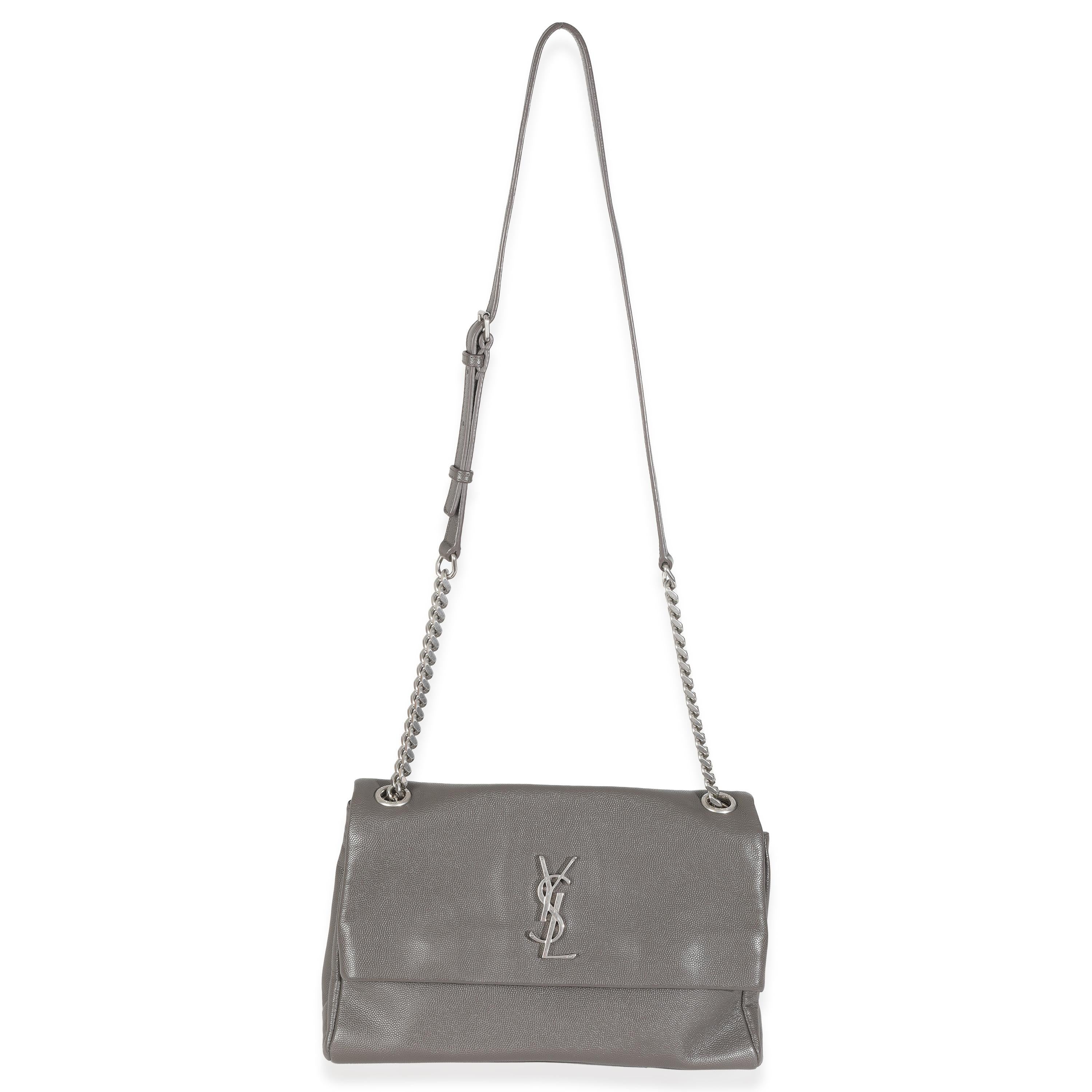 Saint Laurent Grey Grained Calfskin Medium West Hollywood Monogram Fold Over Bag For Sale 1