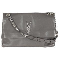 Saint Laurent Grey Grained Calfskin Medium West Hollywood Monogram Fold Over Bag