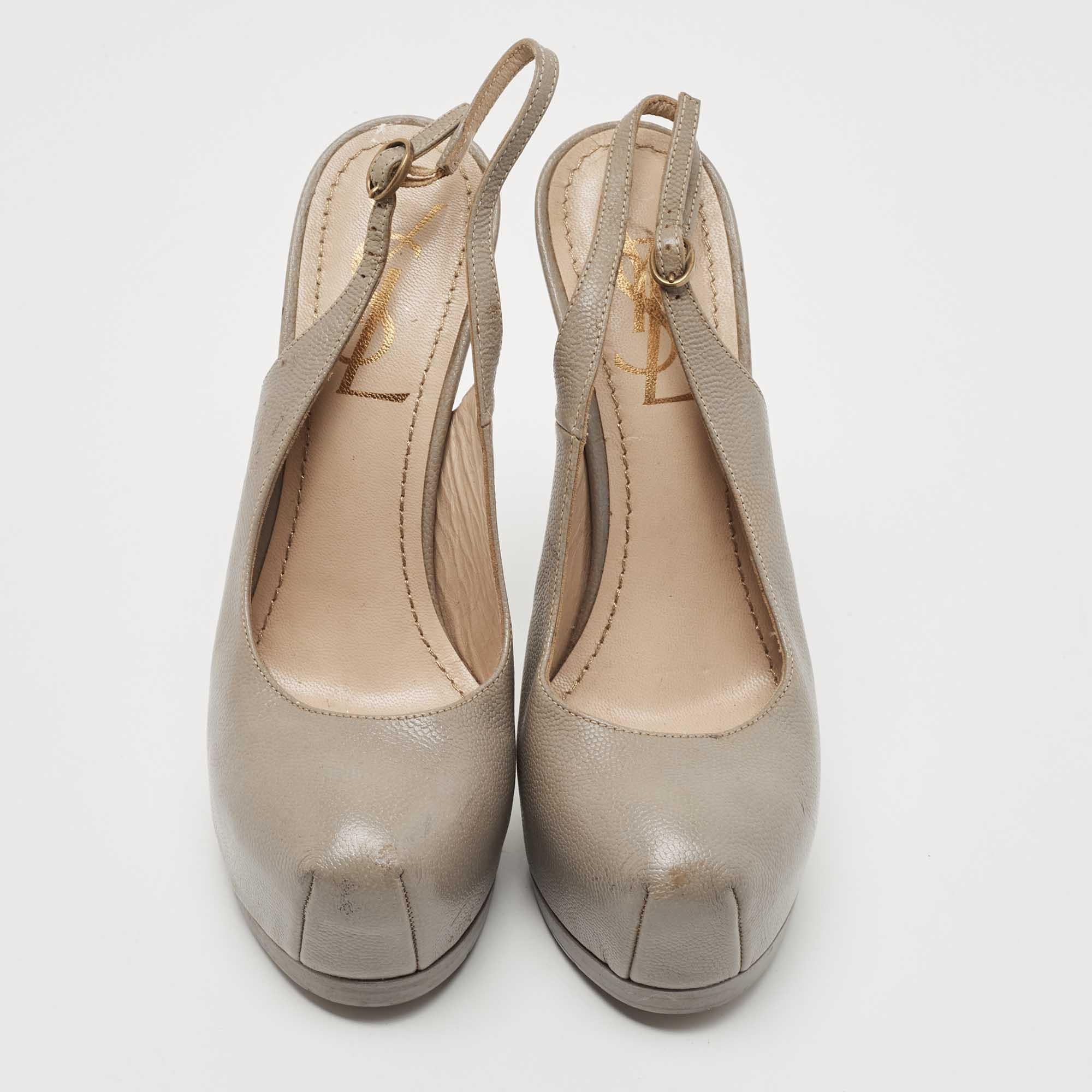 Gray Saint Laurent Grey Leather Tribtoo Platform Slingback Pumps Size 35 For Sale