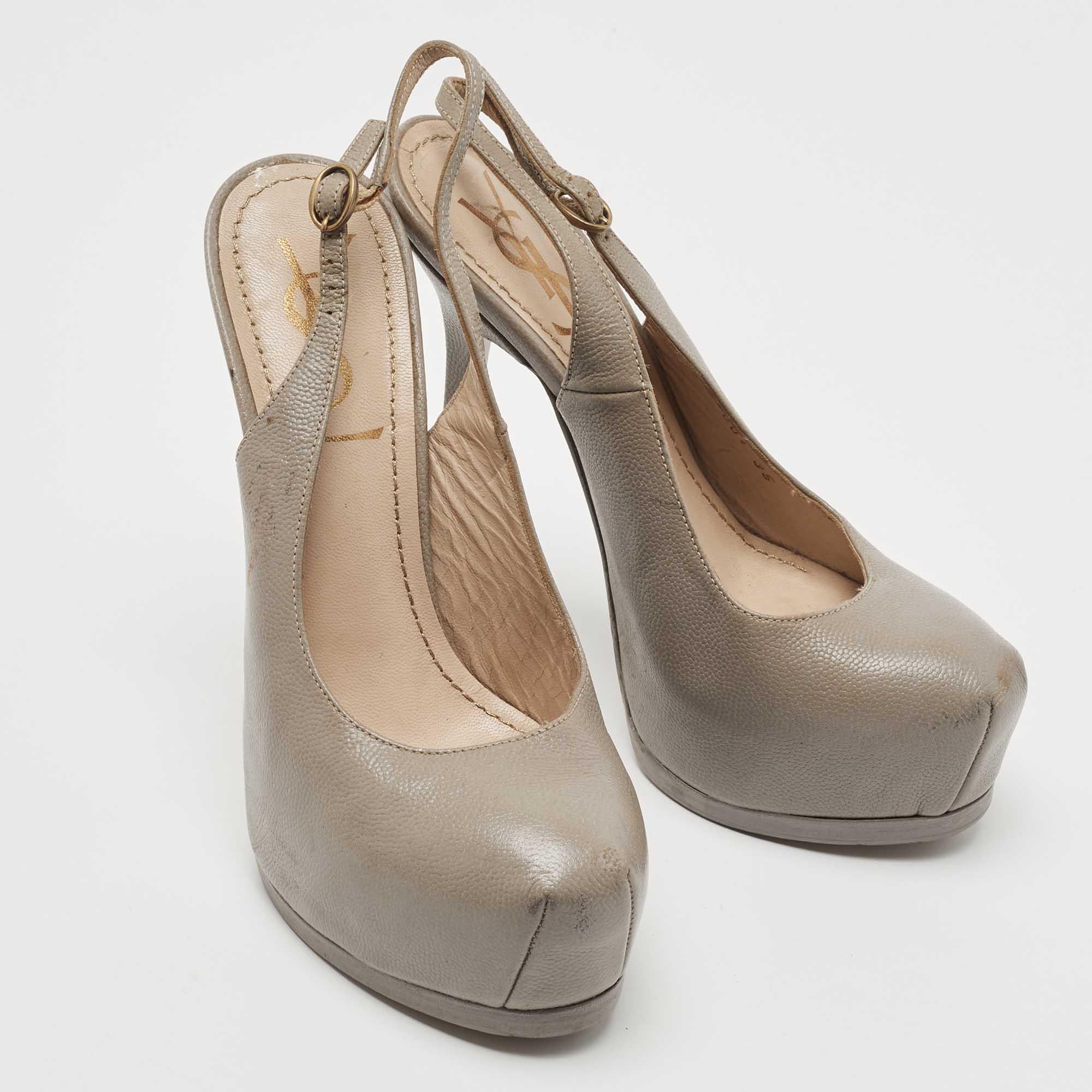 Saint Laurent Grey Leather Tribtoo Platform Slingback Pumps Size 35 In Good Condition For Sale In Dubai, Al Qouz 2