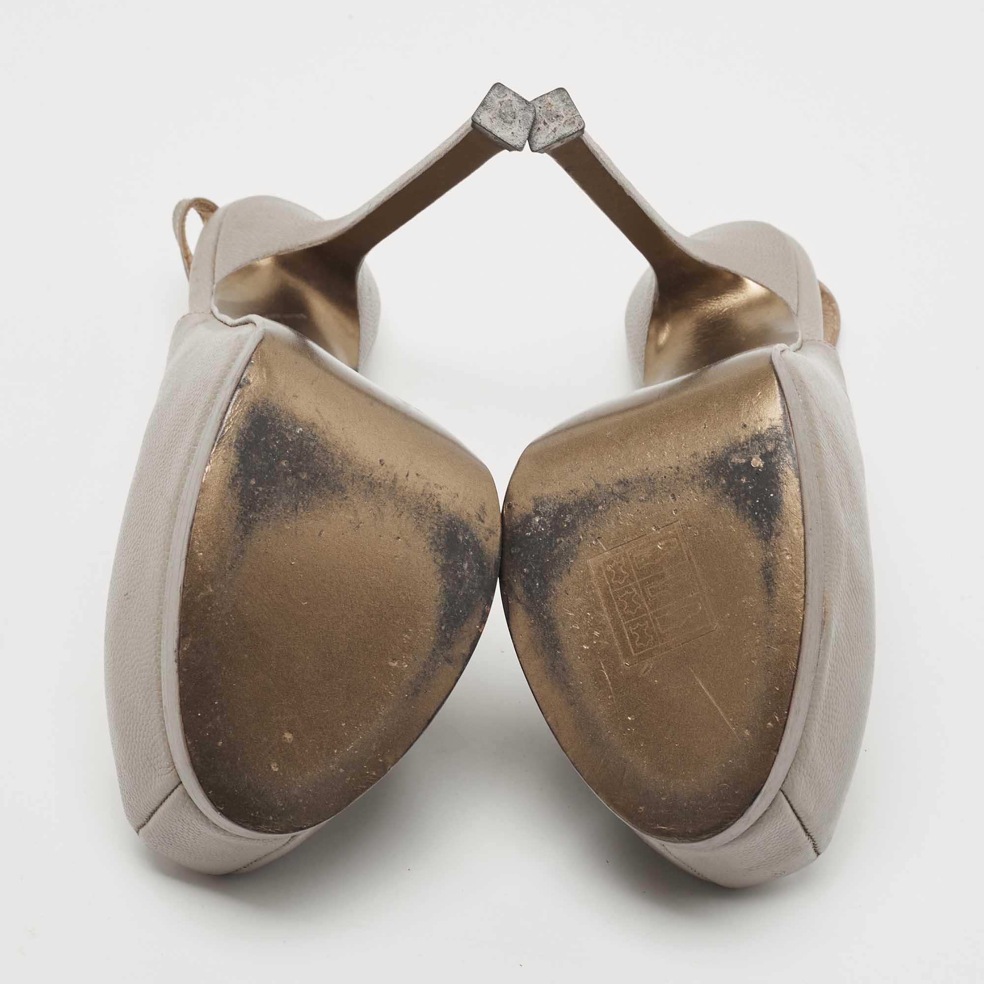 Saint Laurent Grey Leather Tribtoo Platform Slingback Pumps Size 35 For Sale 1