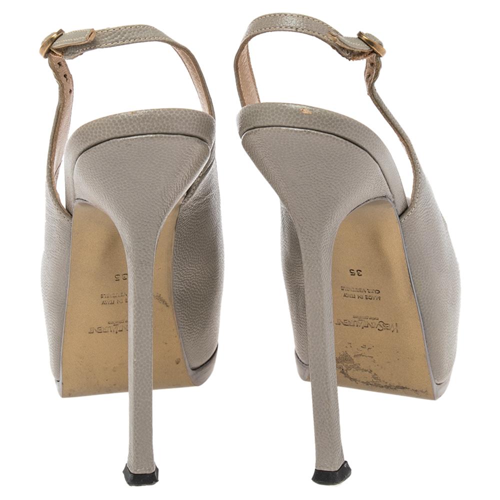 Saint Laurent Grey Leather Tribtoo Slingback Platform Sandals Size 35 In Good Condition In Dubai, Al Qouz 2