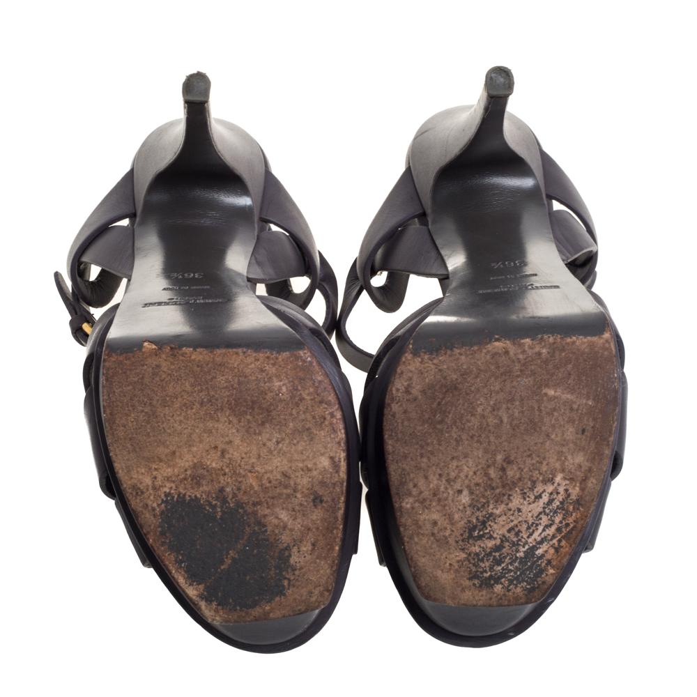 Saint Laurent Grey Leather Tribute Platform Ankle Strap Sandals Size 36.5 In Good Condition In Dubai, Al Qouz 2