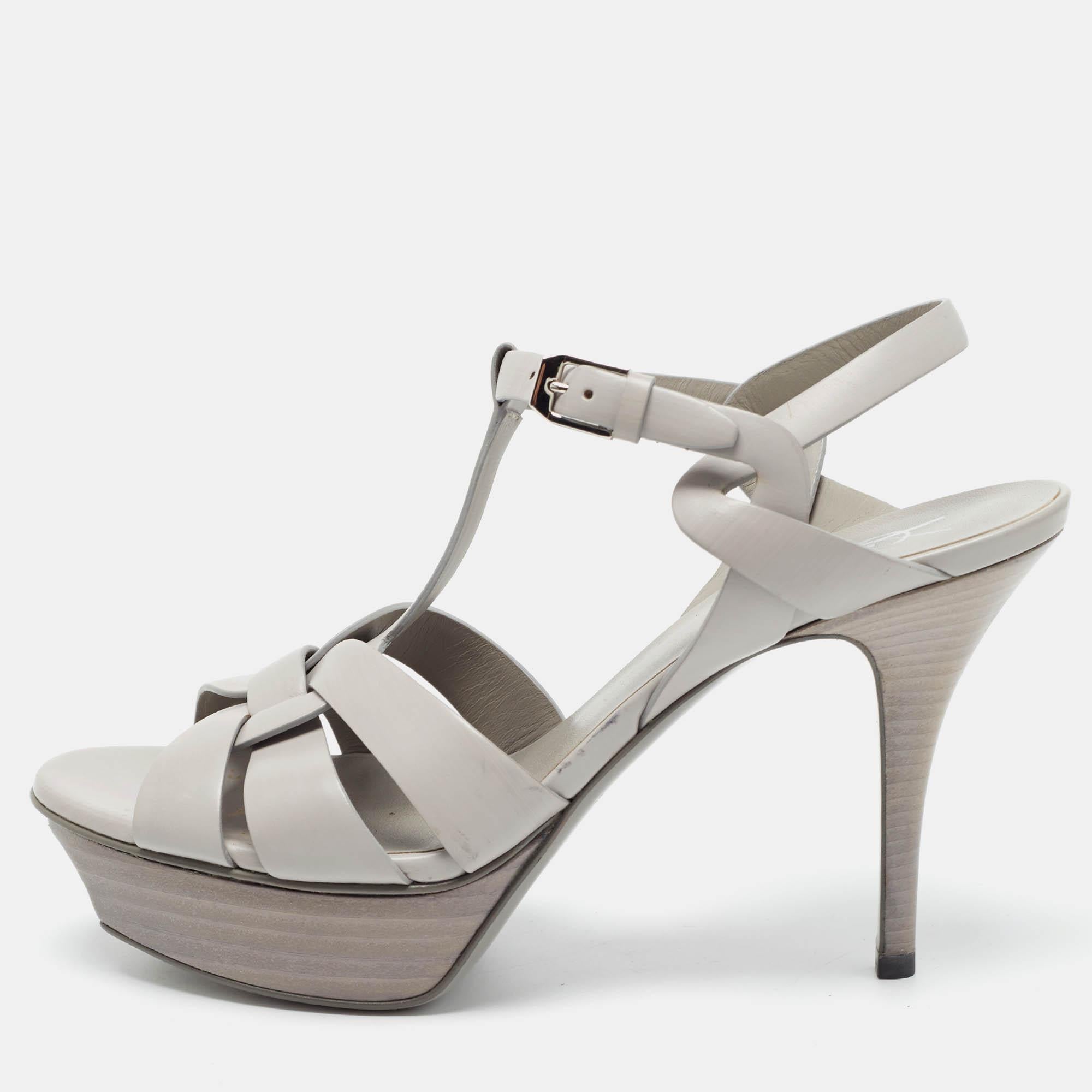 Women's Saint Laurent Grey Leather Tribute Platform Sandals Size 38.5 For Sale