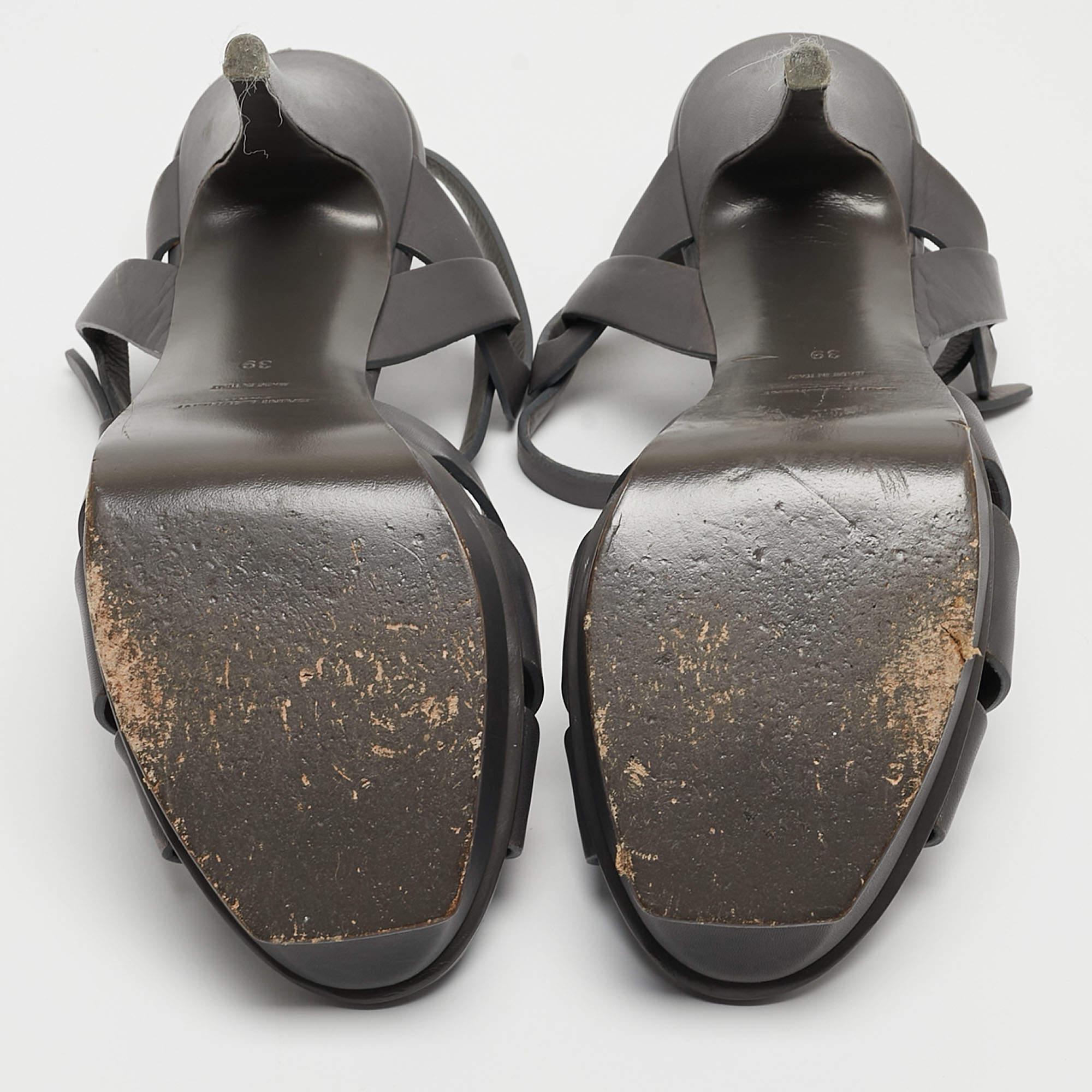 Saint Laurent Grey Leather Tribute Sandals Size 39 For Sale 1