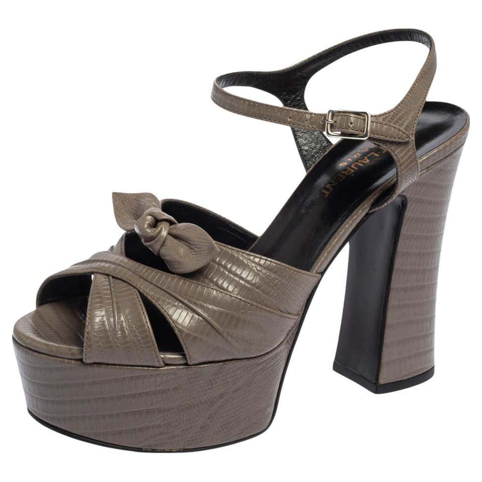 Saint Laurent Grey Lizard Embossed Candy Platform Ankle Strap Sandals ...
