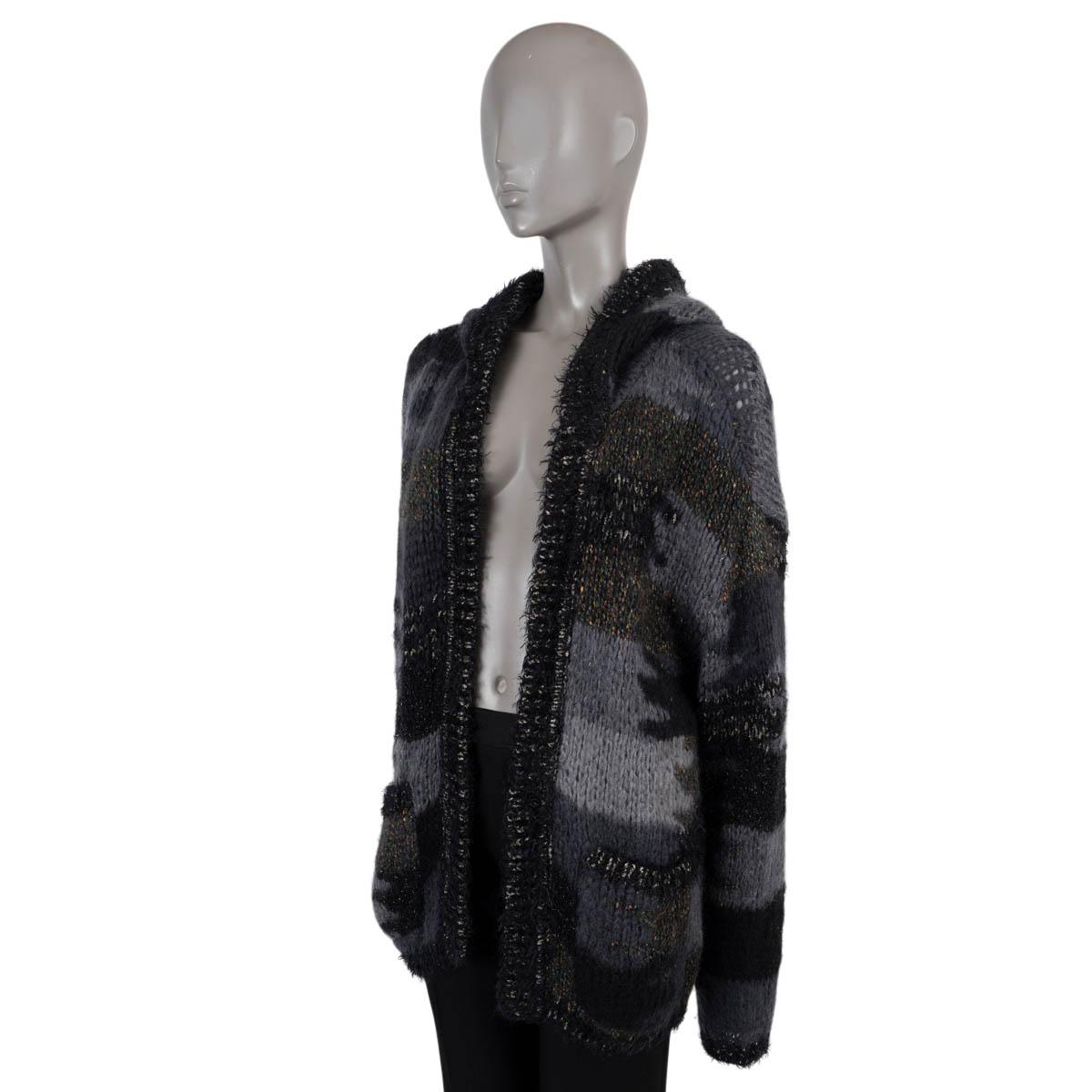 100% authentic Saint Laurent Baja knit jacket in various shades of gray camouflage jacquard mohair (39%), polyamide (36%), wool (10%), polyester (10%), acrylic (2%), viscose (2%) and metallized polyester (1%). Features an open front, hood, lurex