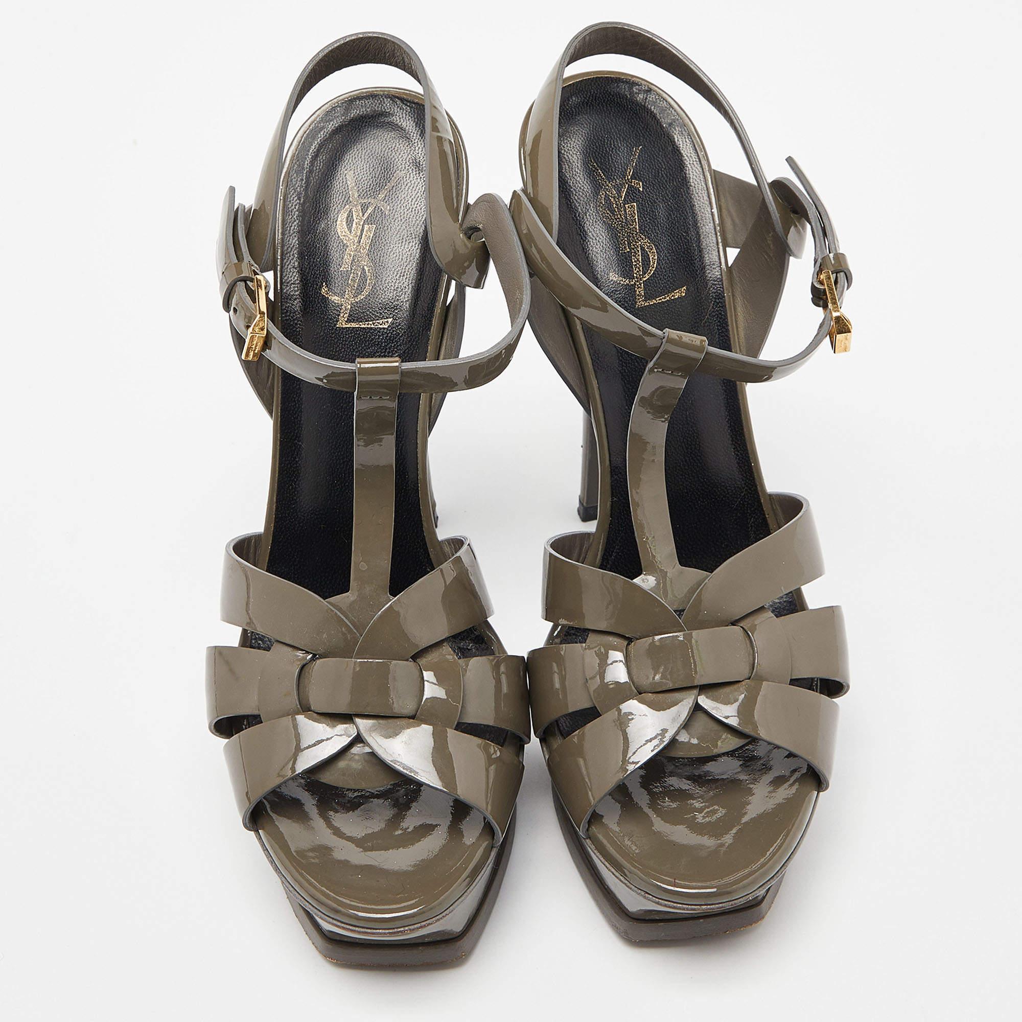 Gray Saint Laurent Grey Patent Leather Tribute Sandals Size 39