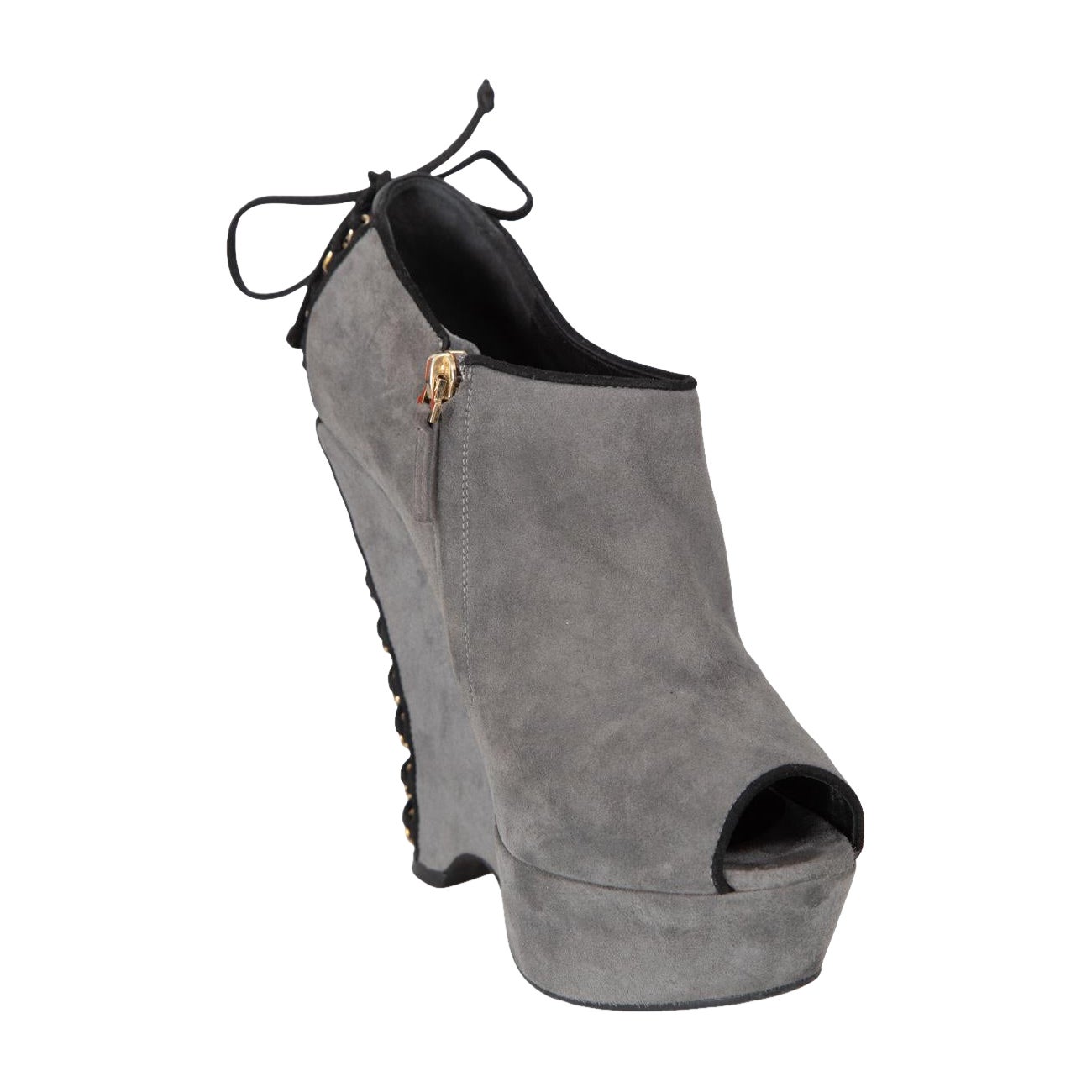 Saint Laurent Peep Toe Lace Up Wedge en daim gris Taille IT 37 en vente