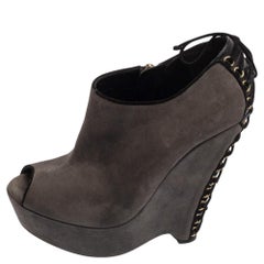 Saint Laurent Grey Suede Wedge Peep Toe Booties Size 38