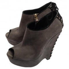 Saint Laurent Grey Suede  Wedge Peep Toe Booties Size 38