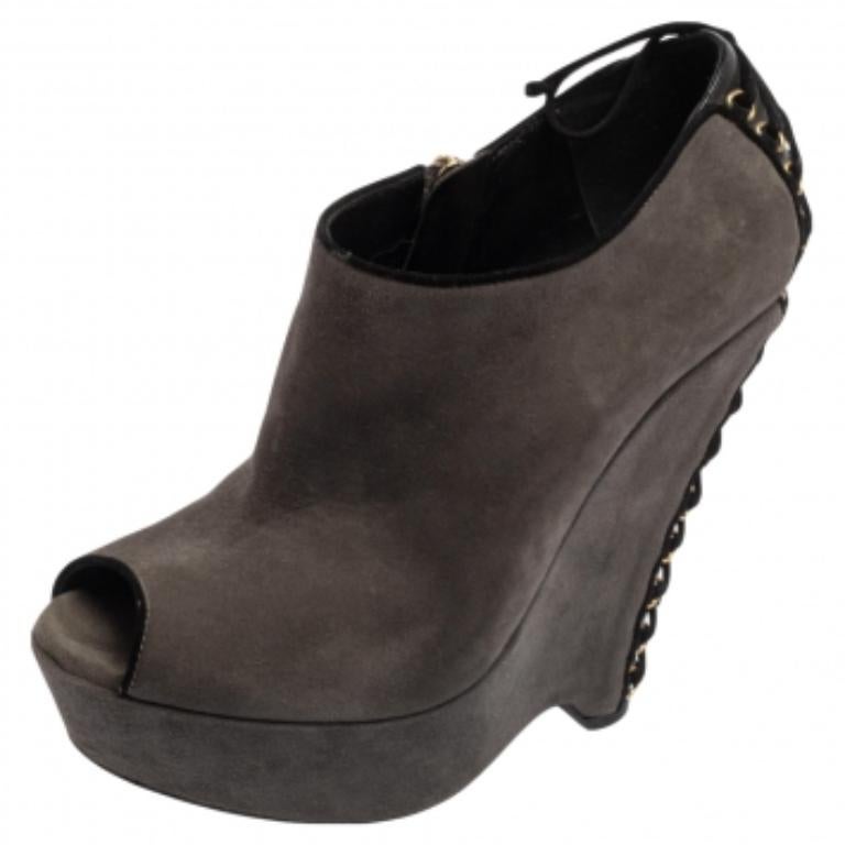 Black Saint Laurent Grey Suede  Wedge Peep Toe Booties Size 38 For Sale