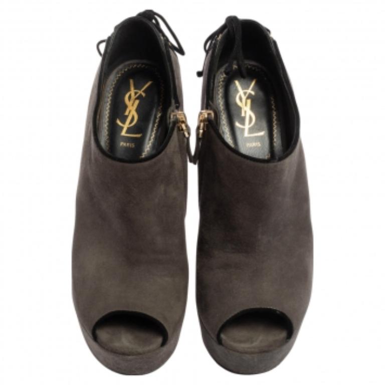 Saint Laurent Grey Suede  Wedge Peep Toe Booties Size 38 For Sale 1