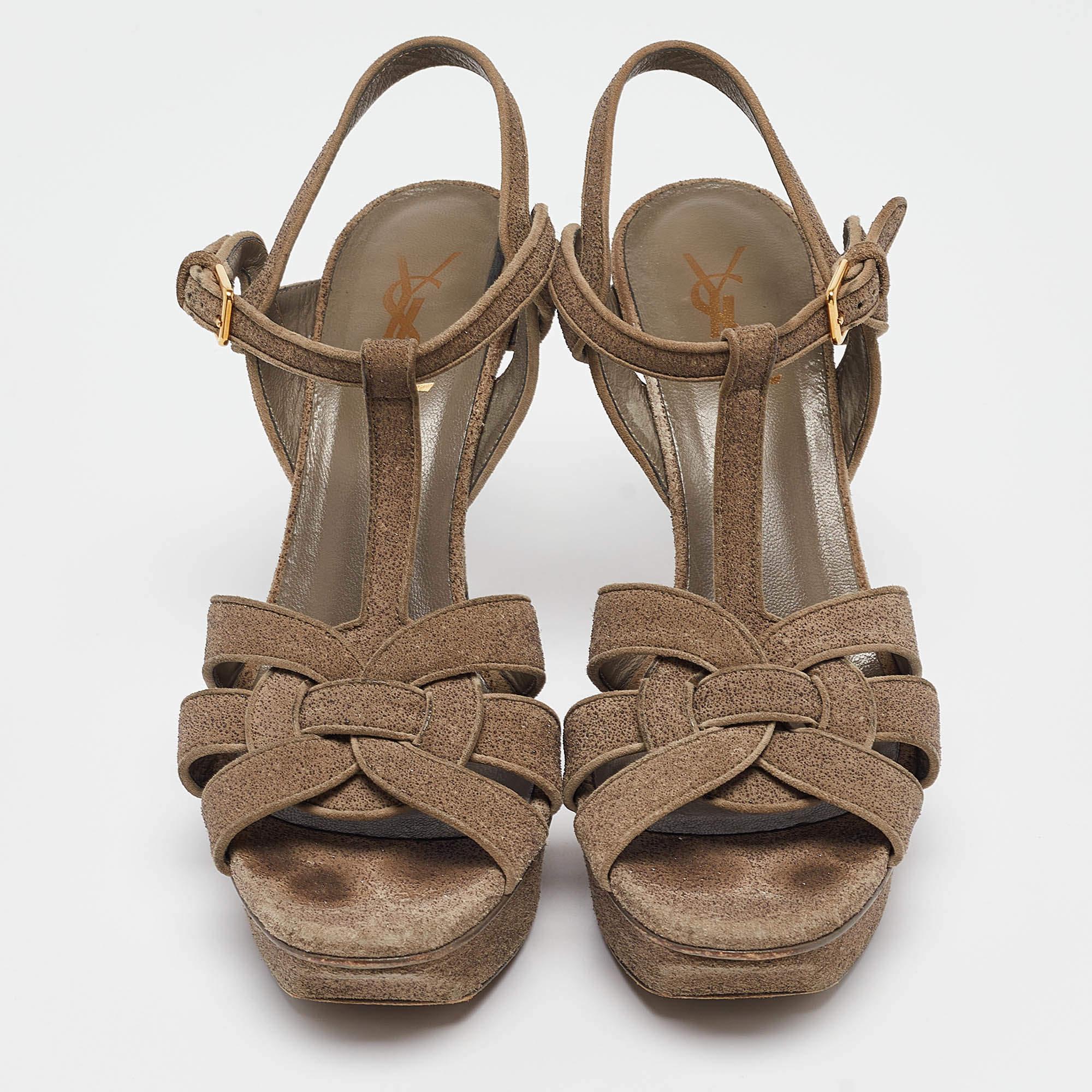 Saint Laurent Sandalias Plataforma Tribute Ante Textura Gris Talla  39 Marrón en venta