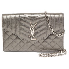 Saint Laurent Gun Metal Tri Quilted Leather Monogram Envelope Wallet on Chain